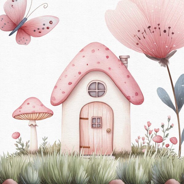 a beautiful fairy house with a shape of a pink mushroom, part of a fairy clipart set