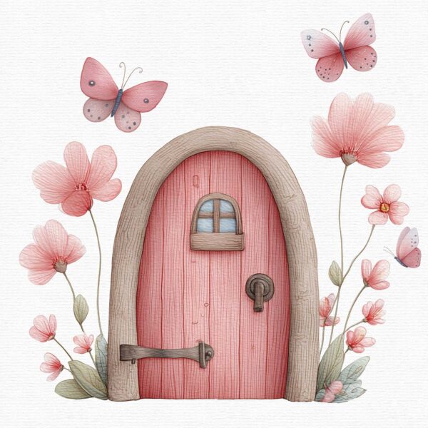 a beautiful pink fairy door with hand-painted style, part of a fairy clipart set