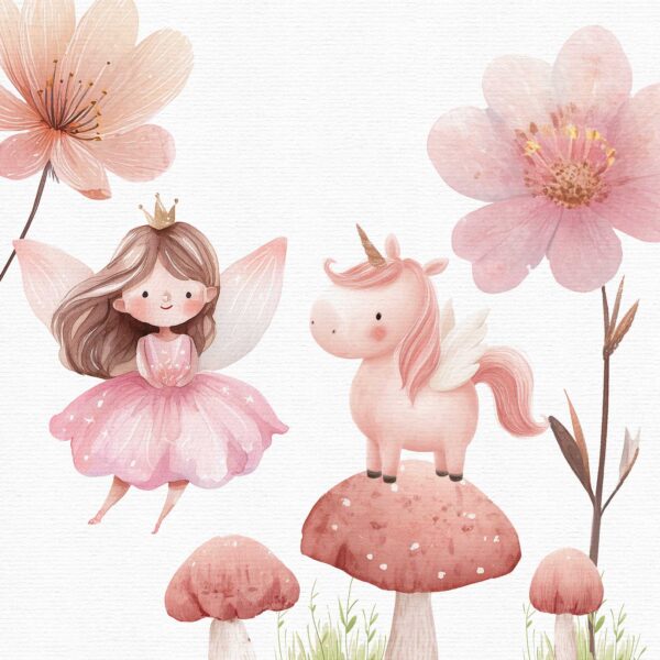 Cute fairy garden clipart scene featuring a smiling fairy princess in a pink dress sitting beside a chubby winged unicorn atop dotted mushrooms and large blooming flowers.