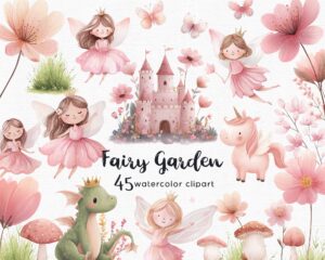 a beautiful fairy clipart set with ten fairies an enchanted castle, a lovely dragon and a cute unicorn