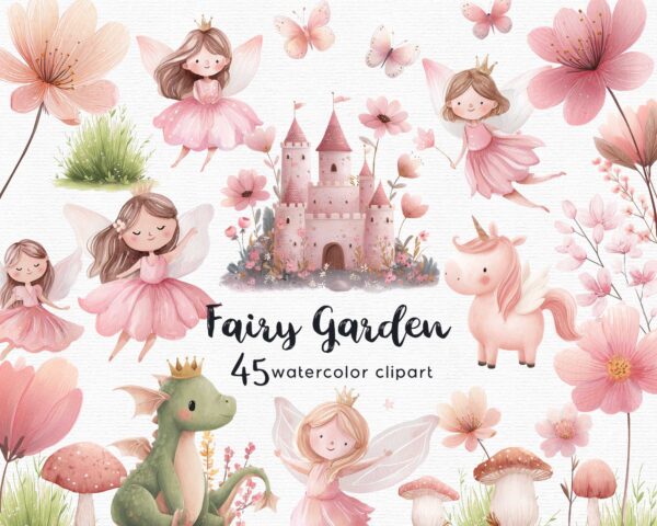 a beautiful fairy clipart set with ten fairies an enchanted castle, a lovely dragon and a cute unicorn