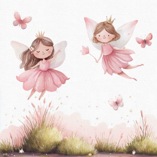 Whimsical fairy clipart illustration of two pink-dressed fairies with delicate wings and crowns fluttering above a pastel fairy garden meadow, surrounded by butterflies and soft grasses.