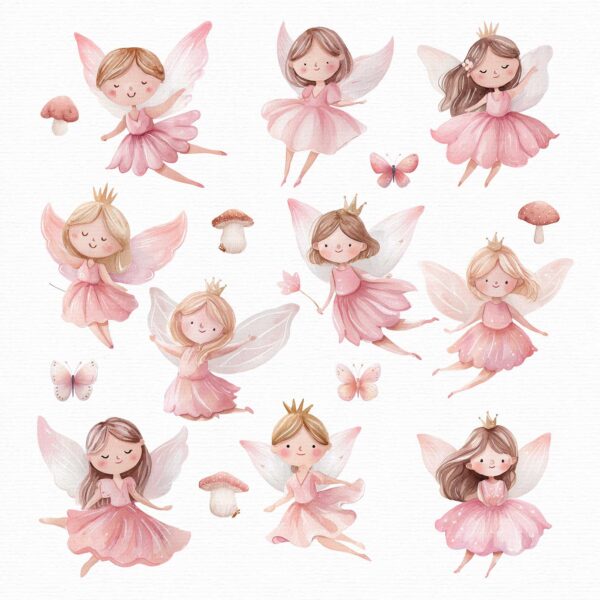 Collection of adorable pink fairy clipart characters with crowns and wings in various flying and sitting poses, surrounded by mushrooms and butterflies in a magical fairy garden style