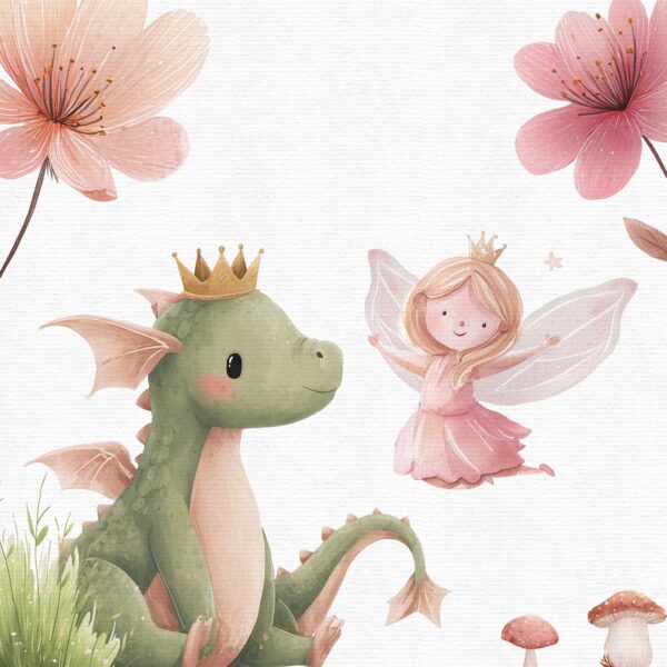 a cute dragon next to a beautiful happy fairy. These elements are part of a fairy clipart set.