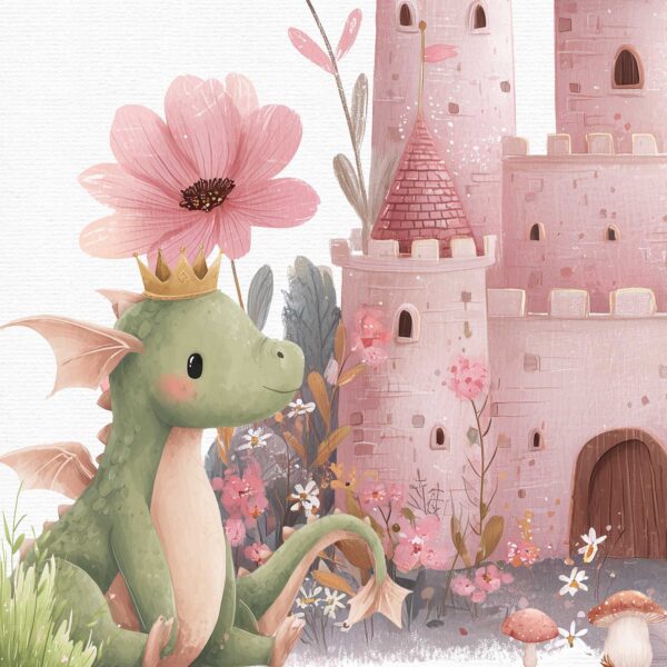 a cute dragon next to a wonderful fairy castle, part of a fairy clipart set