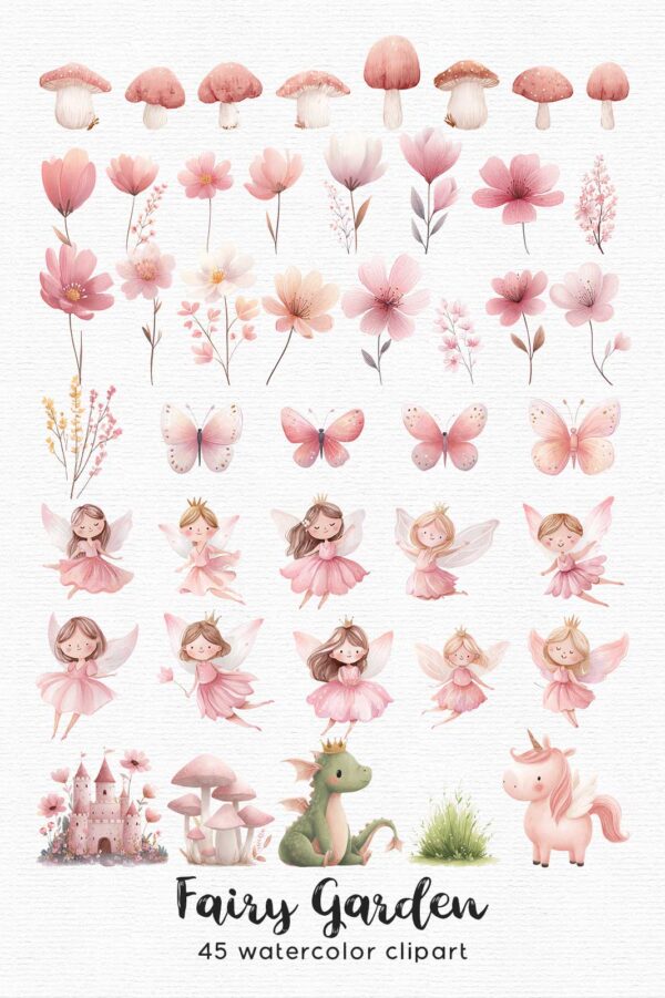 a collection of fairy clipart elements, it includes 10 fairies, pink butterflies, pink mushrooms, a fairy castle, a dragon and a unicorn, part of a fairy clipart set.
