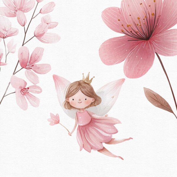 a beautiful pink fairy flying with flowers around, part of a fairy clipart set.