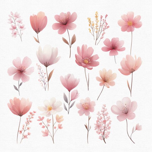 beautiful watercolor style, pink flowers, part of a fairy clipart set.