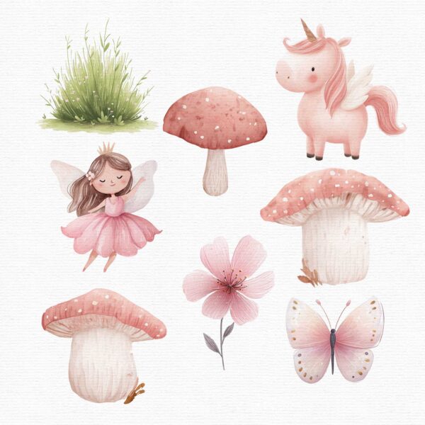 a unicorn, 3 pink mushrooms, butterflies, pink flowers and a fairy, a collection of fairy clipart elements, it includes 10 fairies, pink butterflies, pink mushrooms, a fairy castle, a dragon and a unicorn, part of a fairy clipart set.