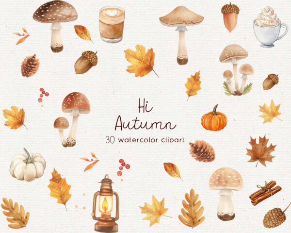Autumn Clipart, Fall leaves and mushrooms clipart